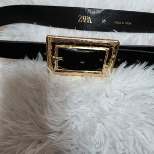 ZARA Black Leather Belt with Gold Buckle